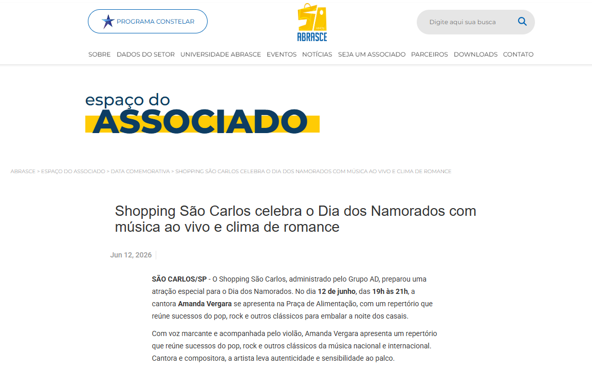 Clipping da ABRASCE: Shopping São Carlos celebra o Dia dos Namorados com música ao vivo e clima de romance